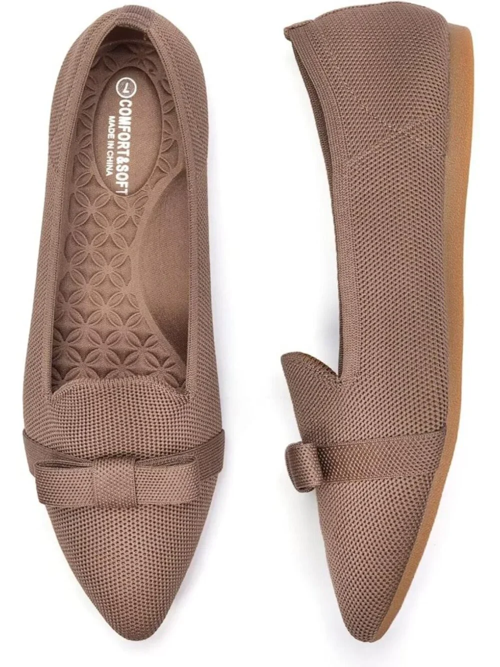 Women's Coffee Comfortable Knit Casual Pointed Toe Ballet Flats with Bow Shoes